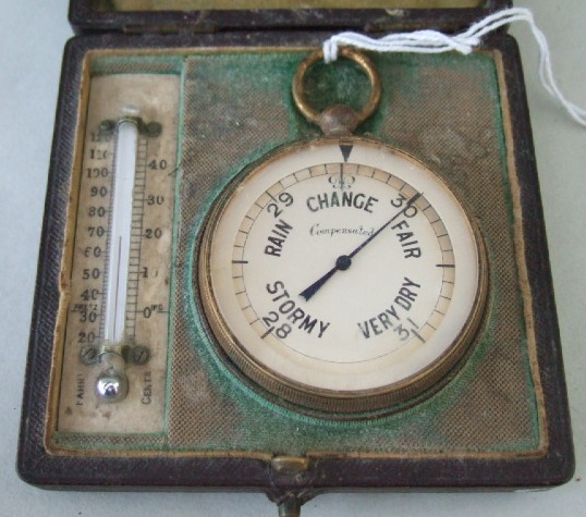 Appraisal: A gilt metal pocket barometer in leather case early th