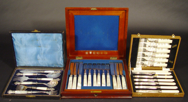 Appraisal: Three cased sets of silver plated cutlery including knives and