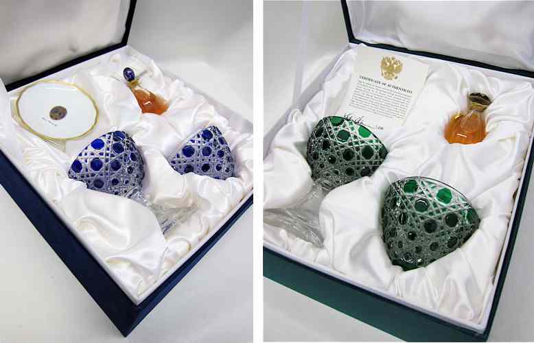 Appraisal: TWO CASED SETS FABERGE PERFUME CUT CRYSTAL one satin lined