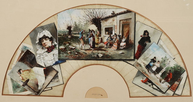 Appraisal: SPANISH SCHOOLTrompe D'Oeil - Fan designs figures dancing outside a