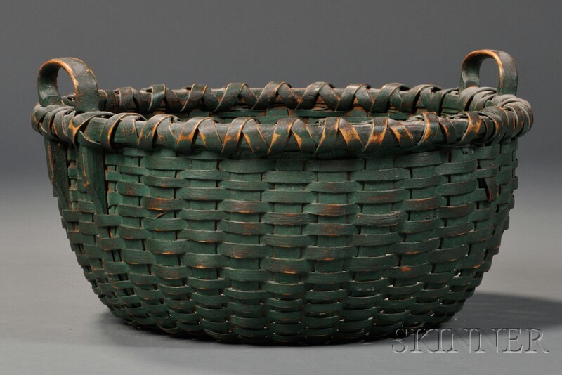 Appraisal: Green-painted Woven Splint Basket America th century round basket with