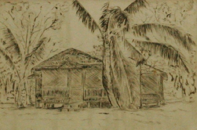 Appraisal: Australian Twentieth Century School Hut and Coconut Trees etching signed