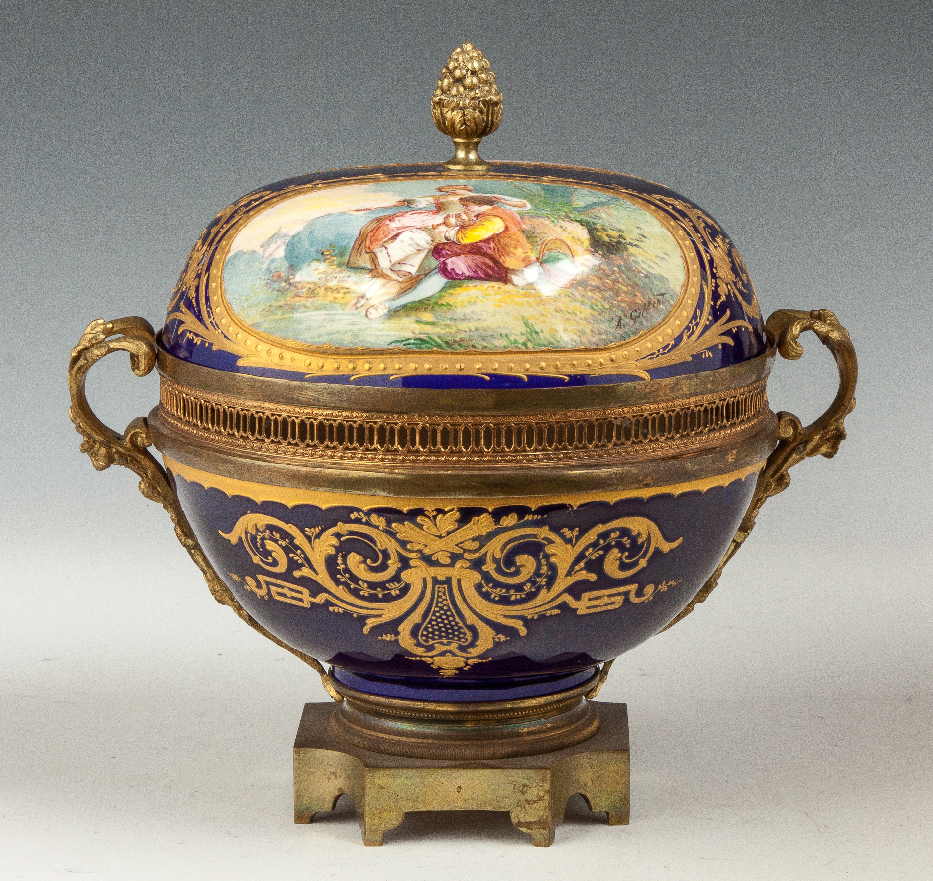 Appraisal: Sevres Style Hand Painted Porcelain Covered Compote th century Gilt