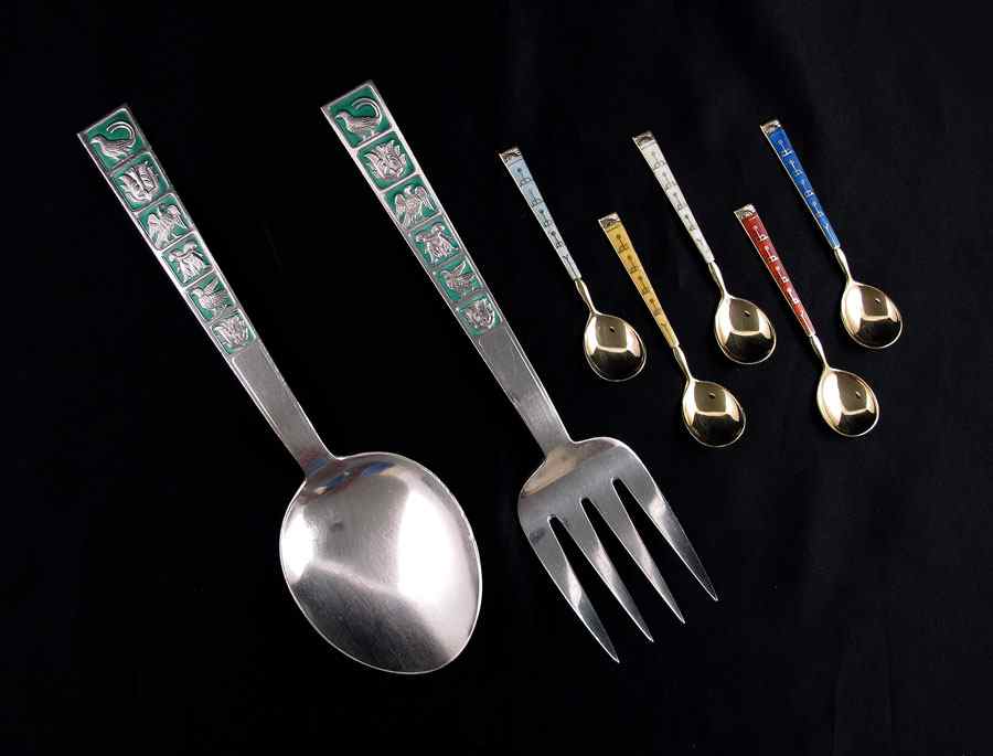 Appraisal: DAVID ANDERSON STERLING ENAMEL SALAD SET David Anderson Norway sterling