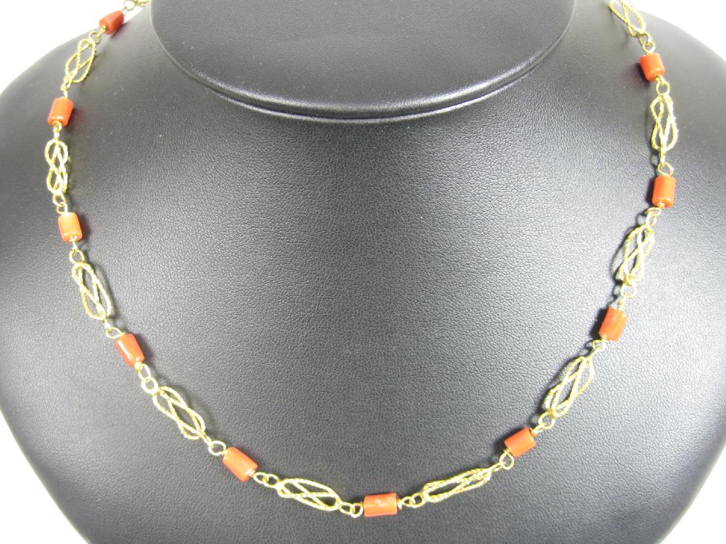 Appraisal: A Coral Necklace the baton shaped beads interspersed with ct