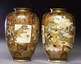 Appraisal: PAIR SATSUMA VASES Pair Japanese drop-shaped Satsuma vases covered with