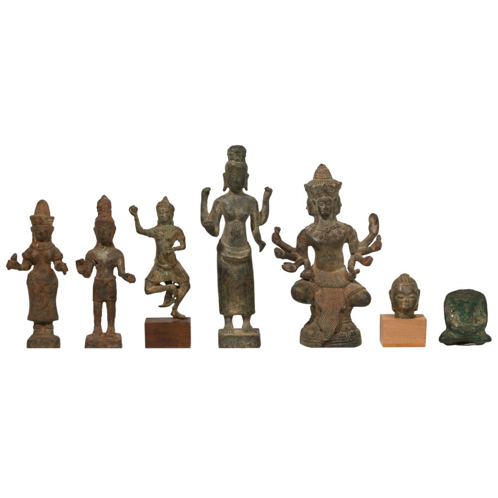 Appraisal: CAMBODIAN KHMER STYLE BRONZE FIGURE ASSORTMENT items including Bayon Vishu