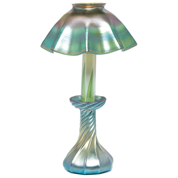 Appraisal: L C Tiffany candlestick lamp twisting base and ruffled shade