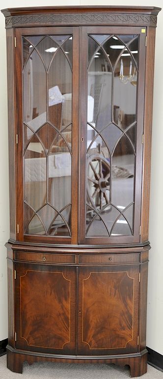 Appraisal: Pair of Southampton mahogany corner china cabinets each with three