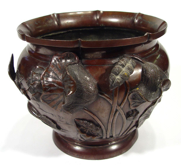 Appraisal: Japanese bronze jardiniere cast with cranes amongst reeds foundry mark