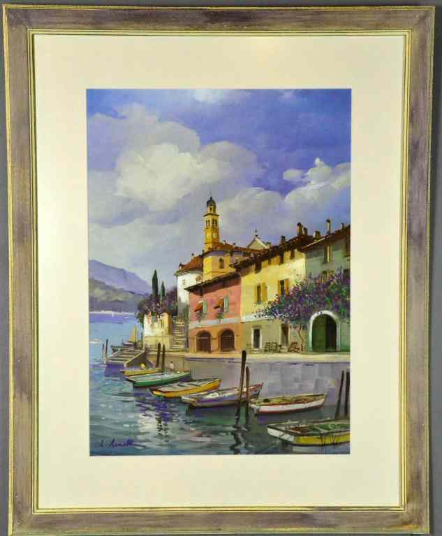 Appraisal: Colorful Print of Italian Village and BoatsReproduction of painting of