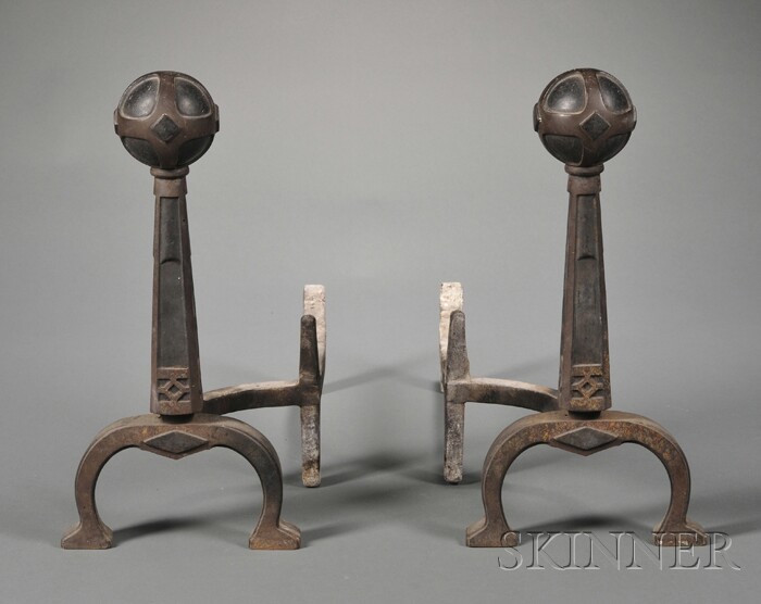 Appraisal: Pair of Arts Crafts Andirons Patinated cast iron United States