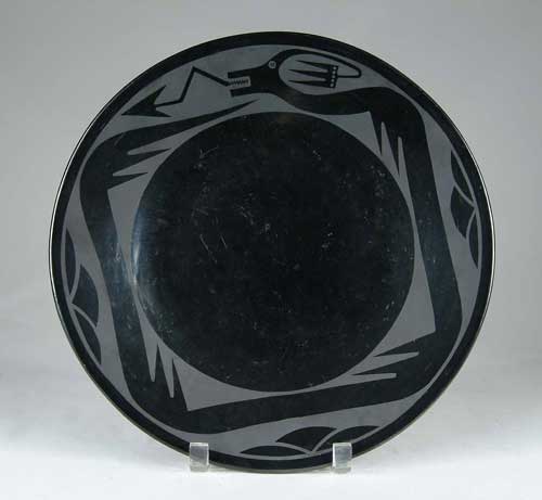 Appraisal: OUTSTANDING SAN ILDEFONSO BLACK ON BLACK ROUND PLATE BY MARIA