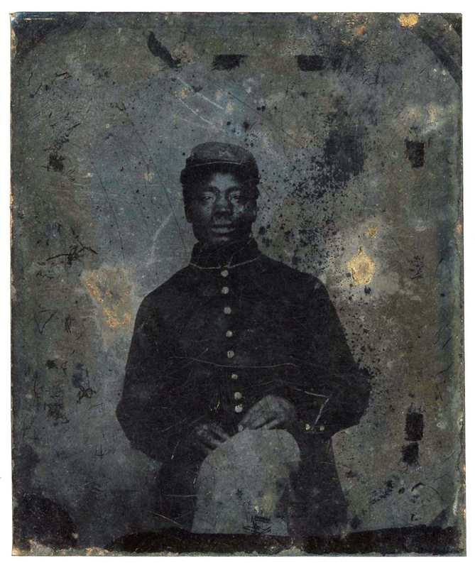 Appraisal: AFRICAN AMERICAN CIVIL WAR CAVALRY SOLDIER TINTYPE The soldier wears