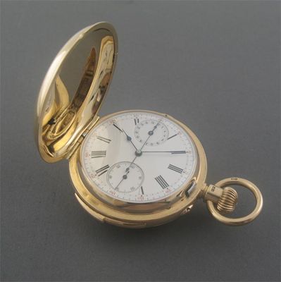 Appraisal: An ct gold minute repeating hunting cased chronograph white enamel