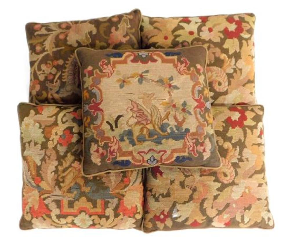 Appraisal: Five needlepoint embroidered pillows th C all with mythological creatures