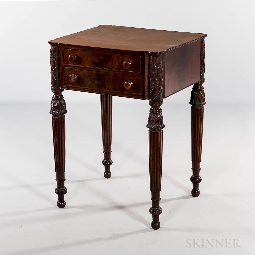 Appraisal: Late Federal Carved Mahogany and Mahogany Veneer Two-drawer Worktable Late