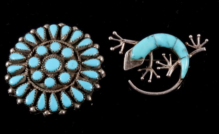 Appraisal: Sterling Silver Turquoise Lizard and Floral Brooch Included in this