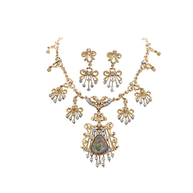 Appraisal: OPAL AND DIAMOND FRINGE NECKLACE AND EARRINGS Condition Report Diamonds