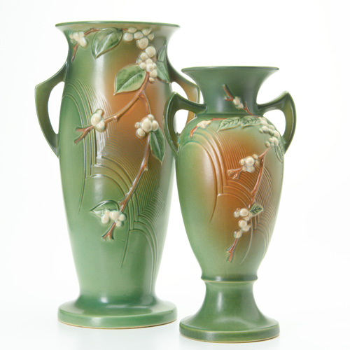 Appraisal: ROSEVILLE Two green Snowberry large vases IV- and IV- Repair