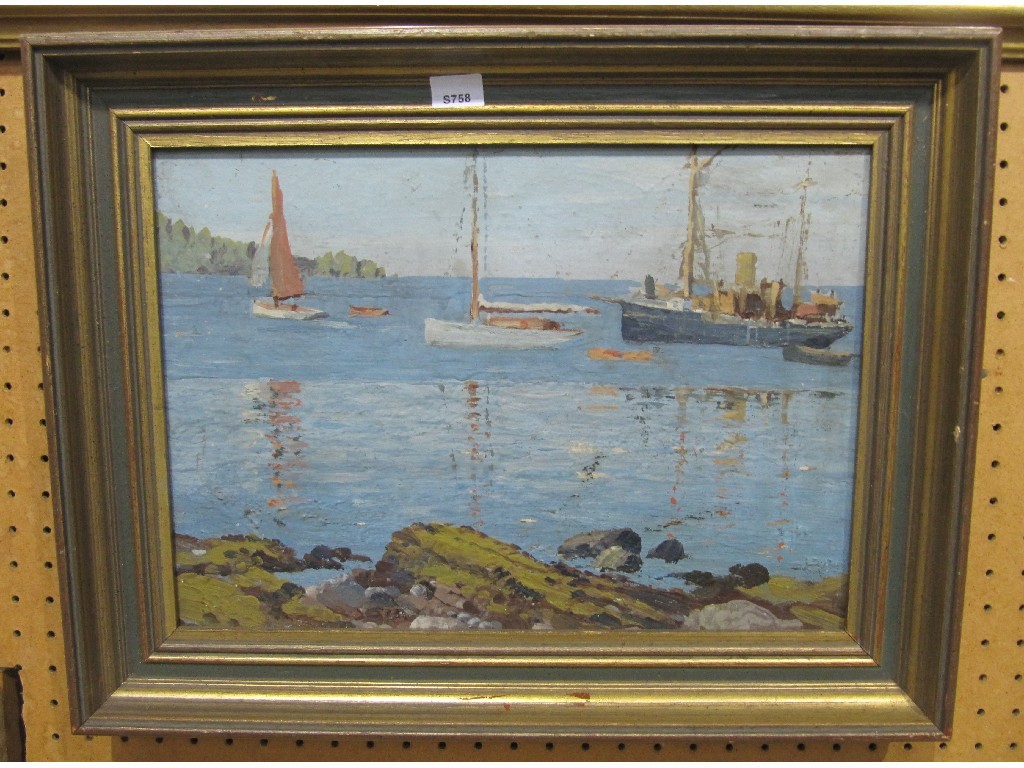 Appraisal: Oil on panel coastal scene with a variety of craft