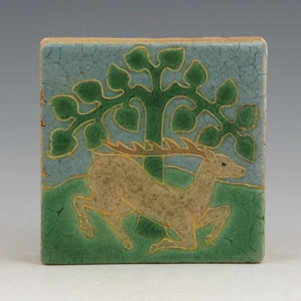 Appraisal: Grueby Faience scenic tile with a stag in front of