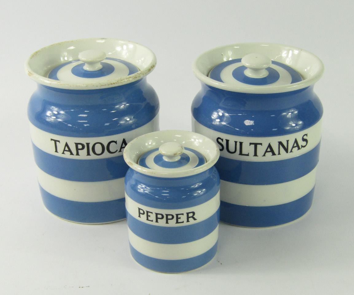 Appraisal: Three T G Green Cornishware storage jars comprising Tapioca Sultanas