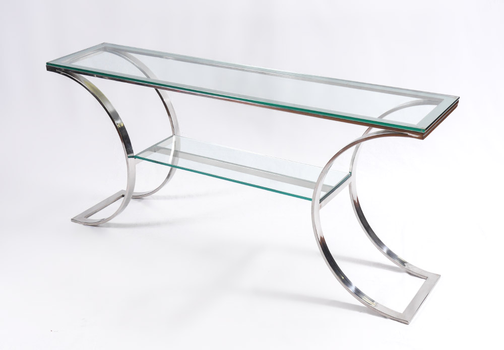 Appraisal: MILO BAUGHMAN attrib CHROME CONSOLE TABLE Glass top over chrome