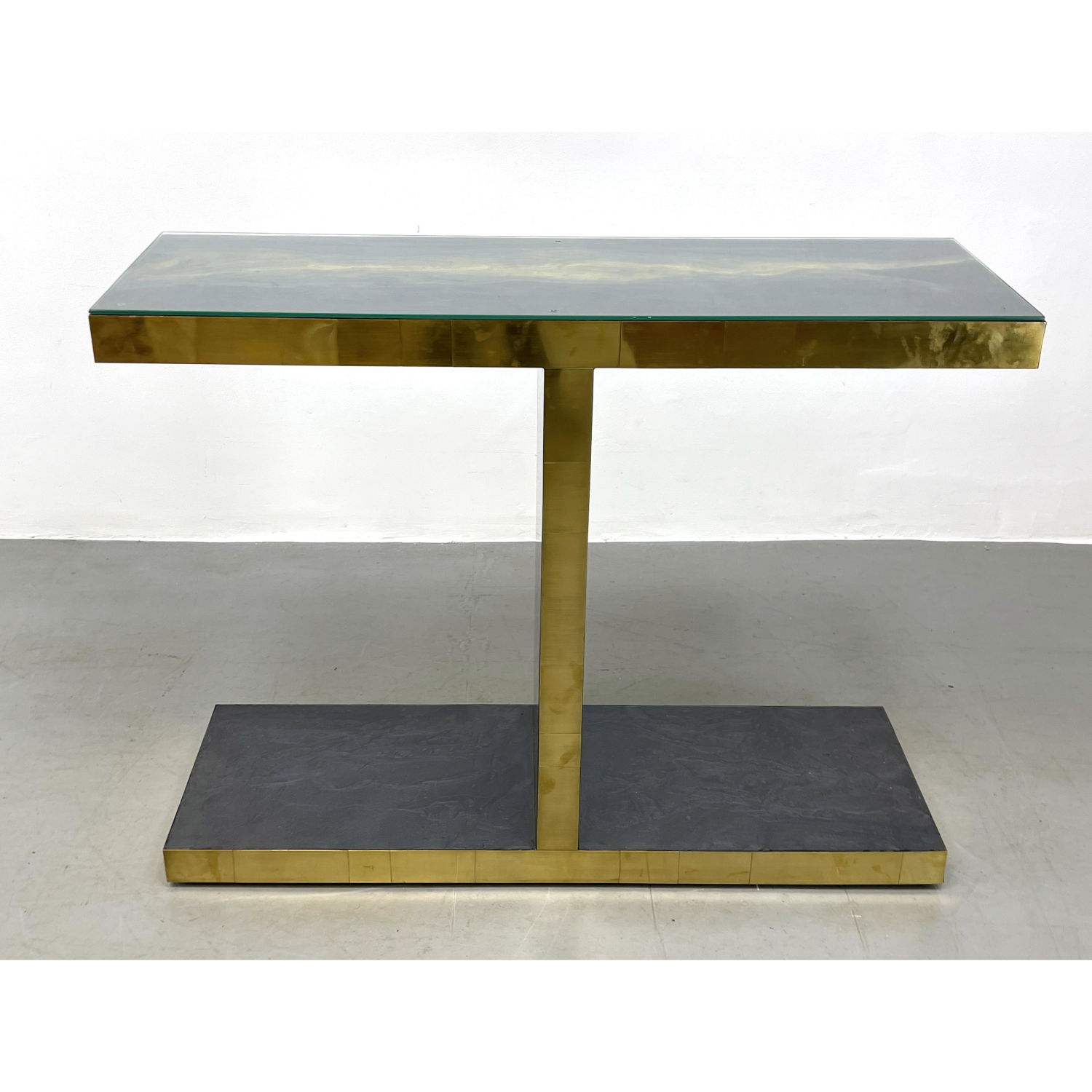 Appraisal: Modernist Hall Console Table Faux Stone Resin Decoration Glass top