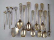 Appraisal: Hallmarked silver A pickle fork four cocktail sticks three mustard