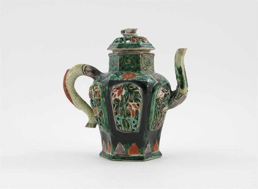 Appraisal: A Chinese famille noire hexagonal teapot and cover