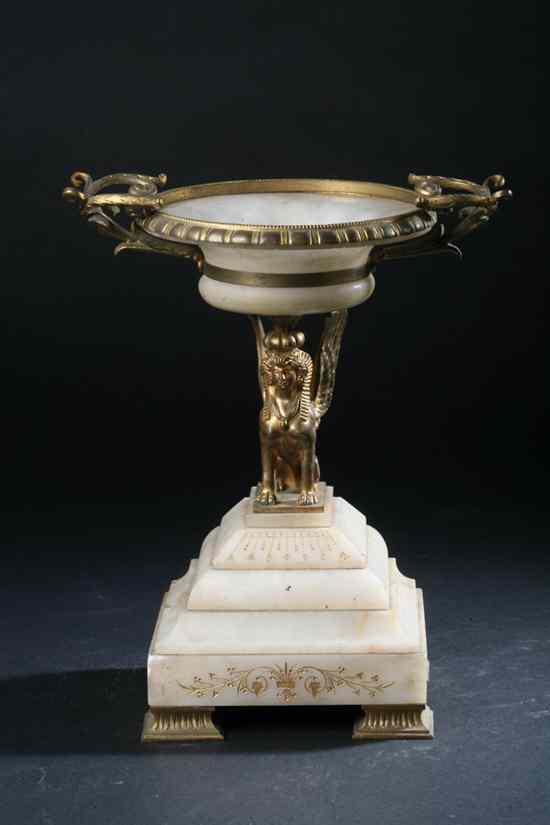 Appraisal: FRENCH EGYPTIAN-REVIVAL BRONZE-DOR MOUNTED TAZZA s Stepped pyrimidal marble base