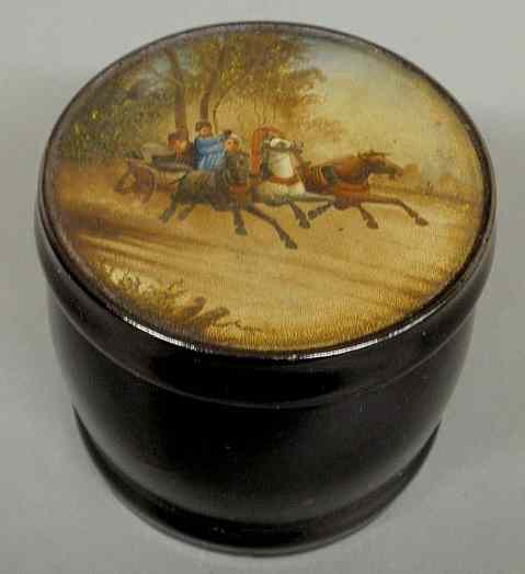 Appraisal: Cylindrical Russian lacquerware box marked decorated with three horses and