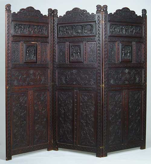 Appraisal: LARGE THREE PANEL OAK CARVED ROOM SCREEN Each front panel