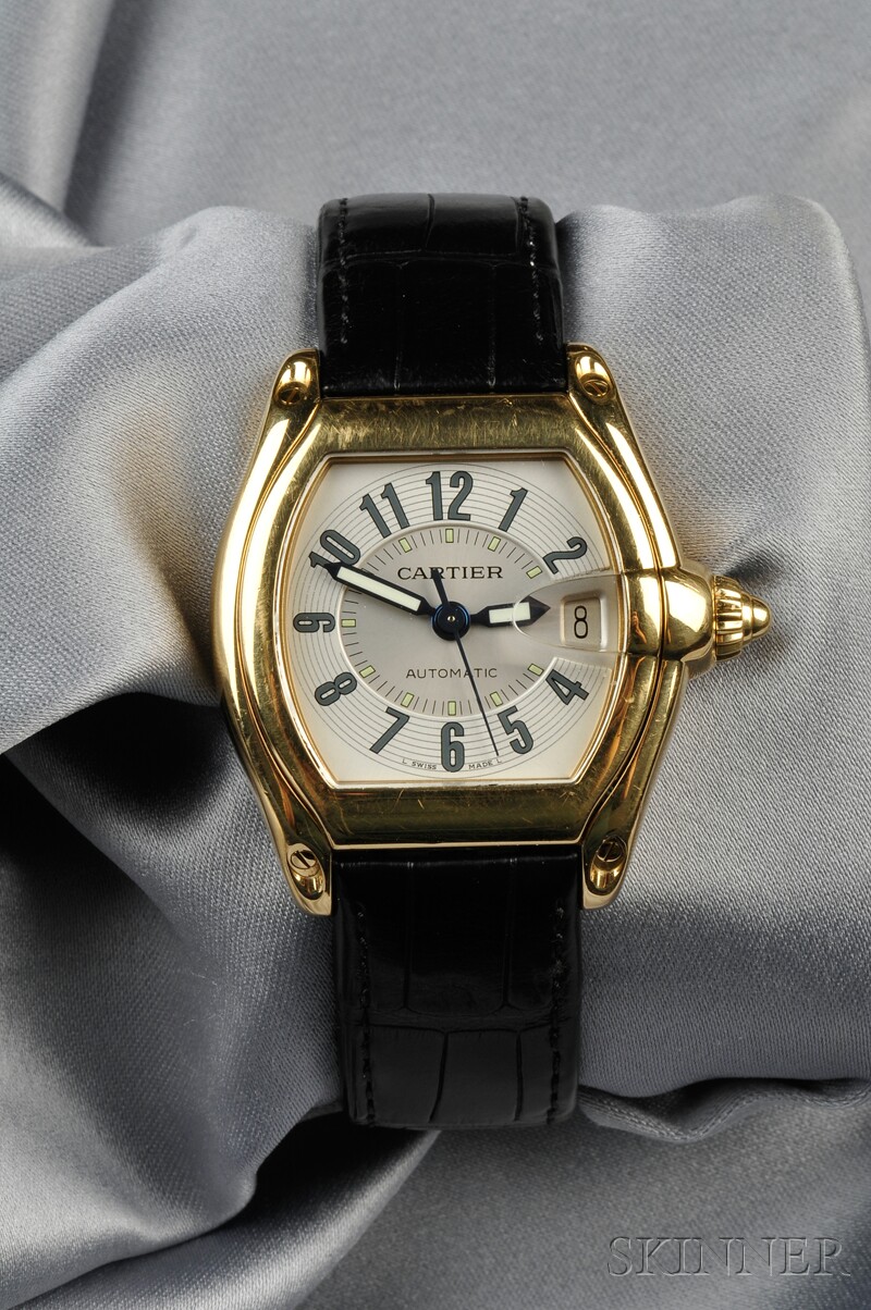 Appraisal: kt Gold Roadster Wristwatch Cartier the silver guilloche enamel dial