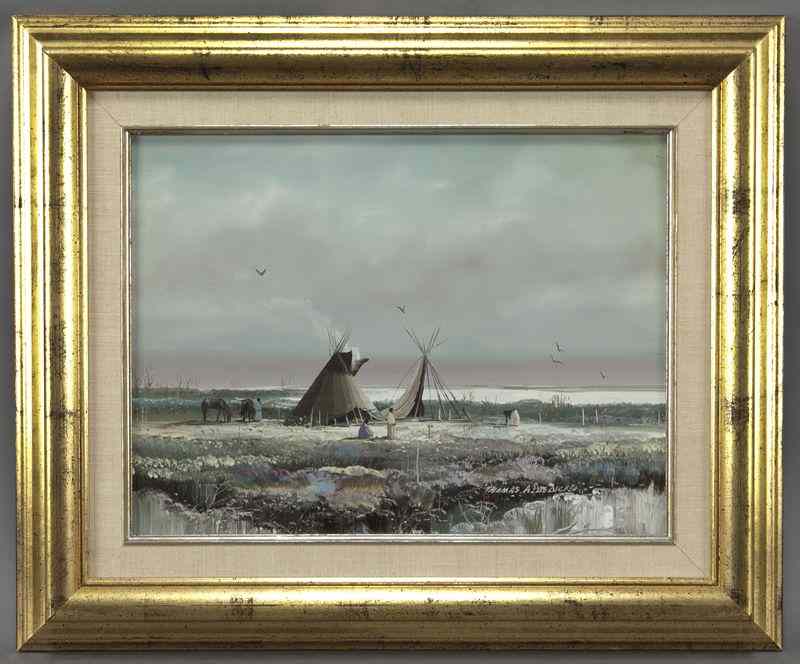 Appraisal: Thomas A de Decker ''Sioux Encampment'' oilon masonite Signed lower