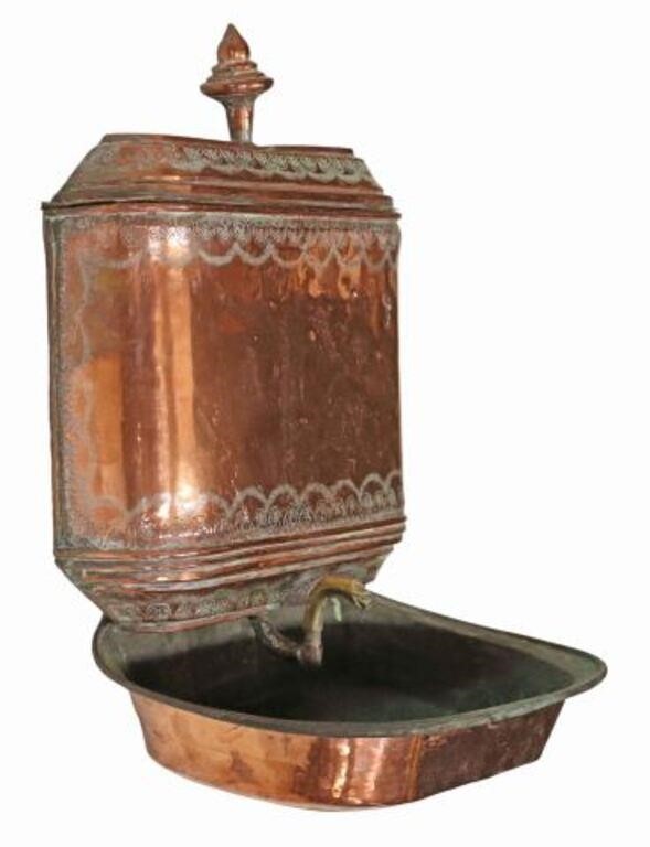 Appraisal: French Provincial copper lavabo wall fountain late th c lidded