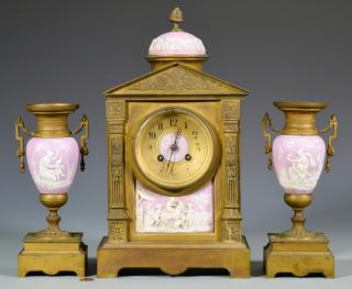 Appraisal: -Piece French pink Jasperware gilt bronze garniture set comprised of