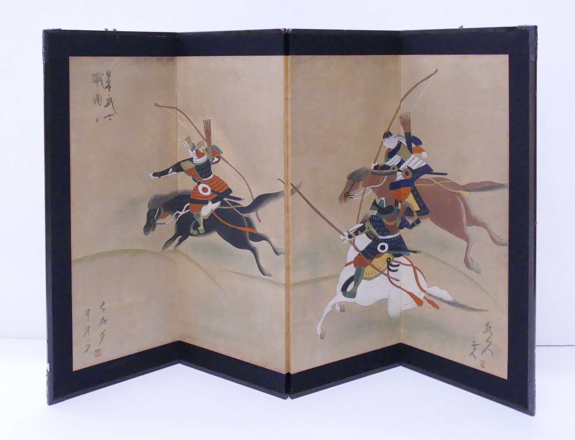 Appraisal: Japanese Painted Samurai on Horseback Panel Screen- x ''