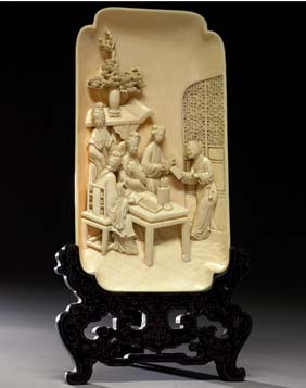 Appraisal: CARVED IVORY PLAQUE Very elaborately carved Chinese ivory plaque of