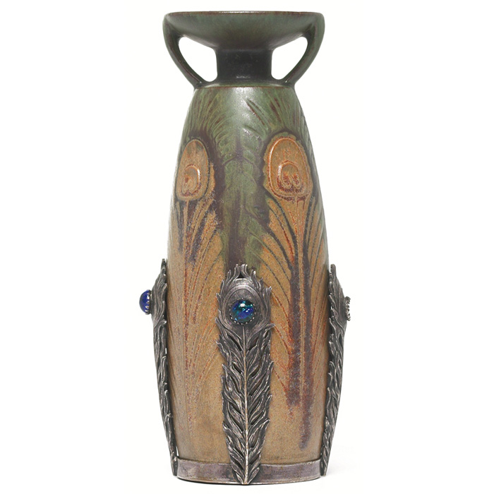 Appraisal: Denbac vase carved peacock feathers covered with a brown green