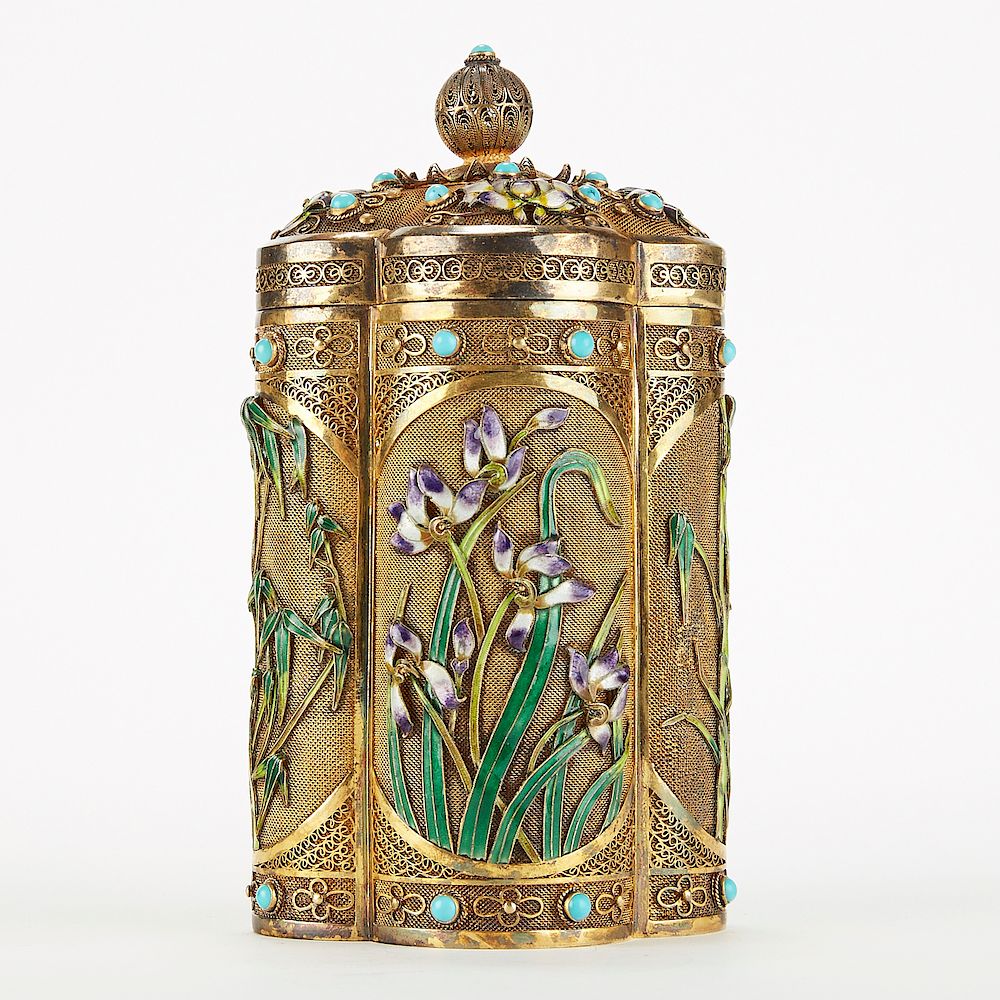 Appraisal: Chinese Enameled Silver Box w Flowers A stunning gold gilt