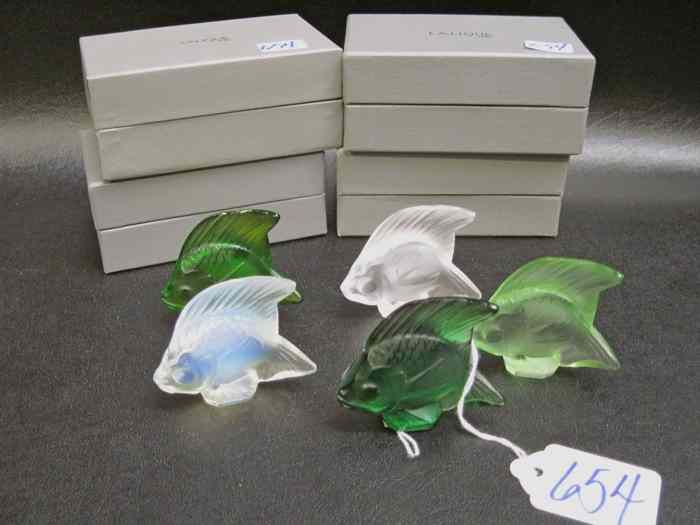 Appraisal: COLLECTION OF FIVE LALIQUE FRANCE CRYSTAL FISH green opalescent and