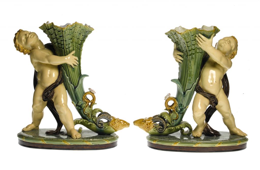 Appraisal: TWO MINTON MAJOLICA VASES in the form of a cornucopia