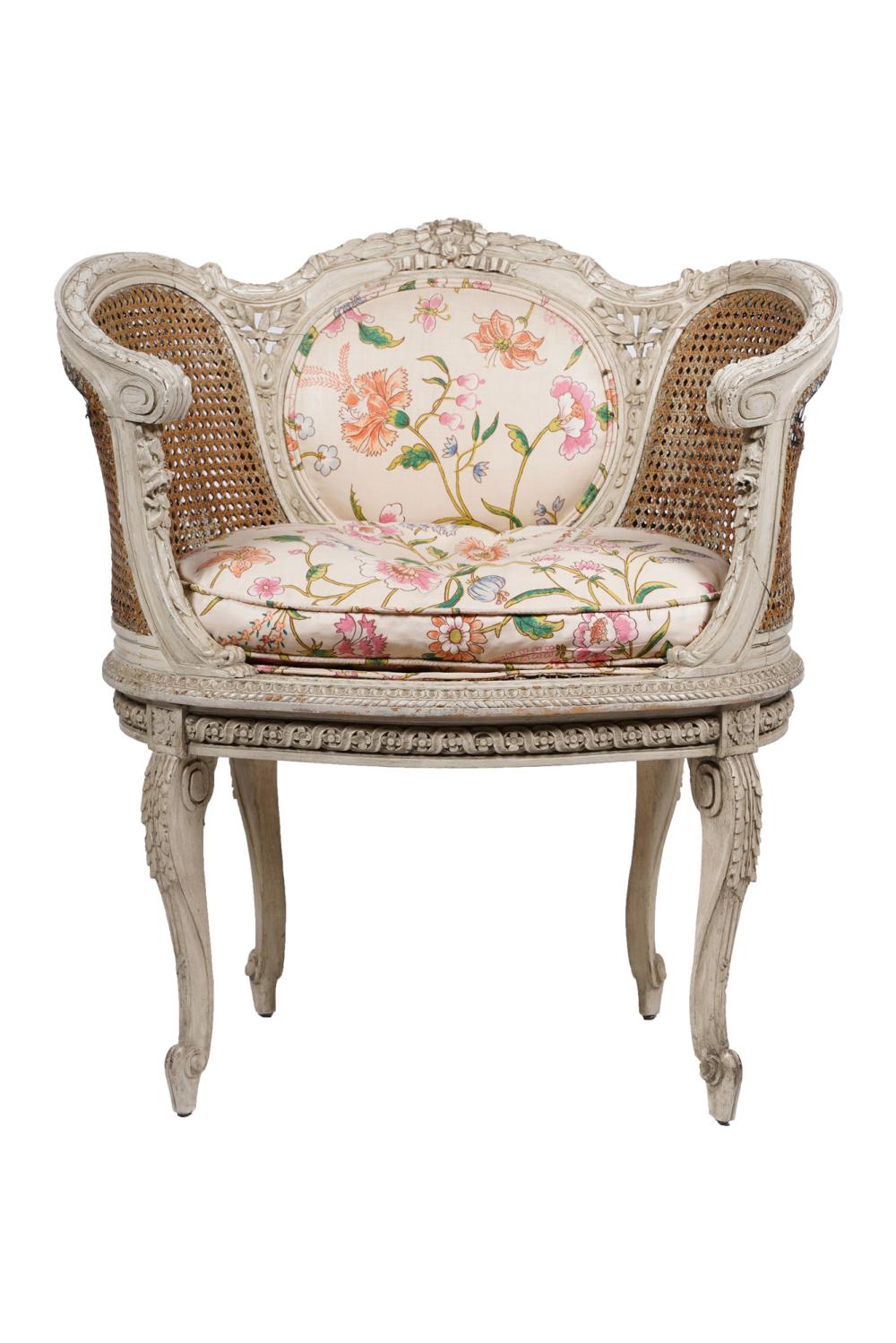 Appraisal: LOUIS XVI PAINTED DOUBLE CANE MARQUIS CHAIRCondition with loss of