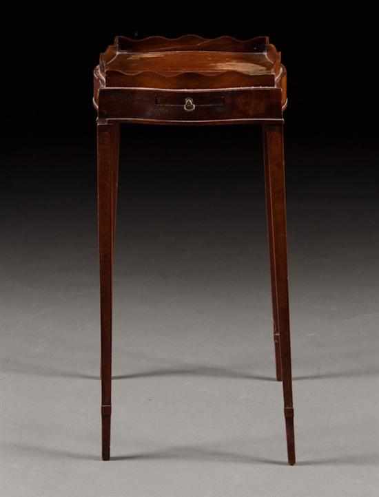 Appraisal: George III style inlaid mahogany kettle stand th century shaped