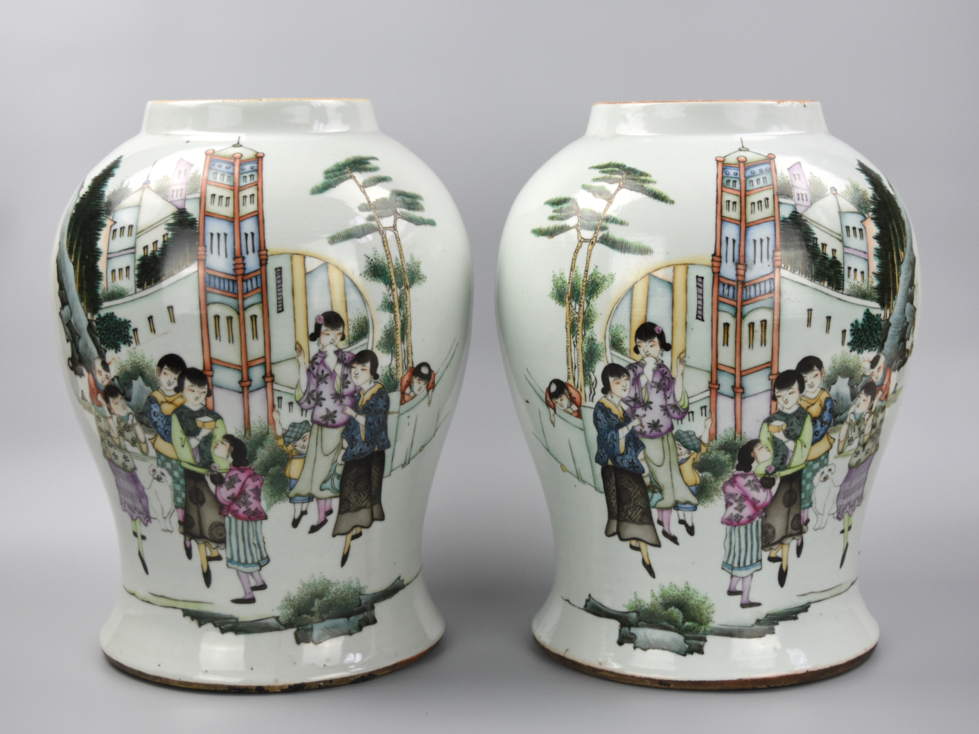 Appraisal: CHINESE FAMILLE ROSE VASES W CITY TH C A pair