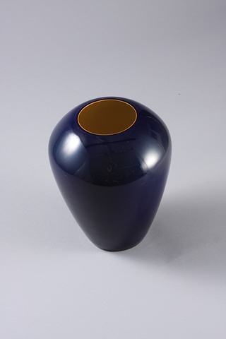 Appraisal: Monochrome blue vase with yellow interior Engraved Carlo Moretti on