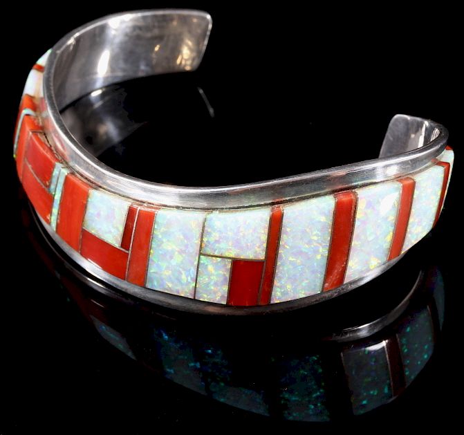 Appraisal: Signed Navajo Sterling Opal Oyster Mosaic Cuff Offered for bidding