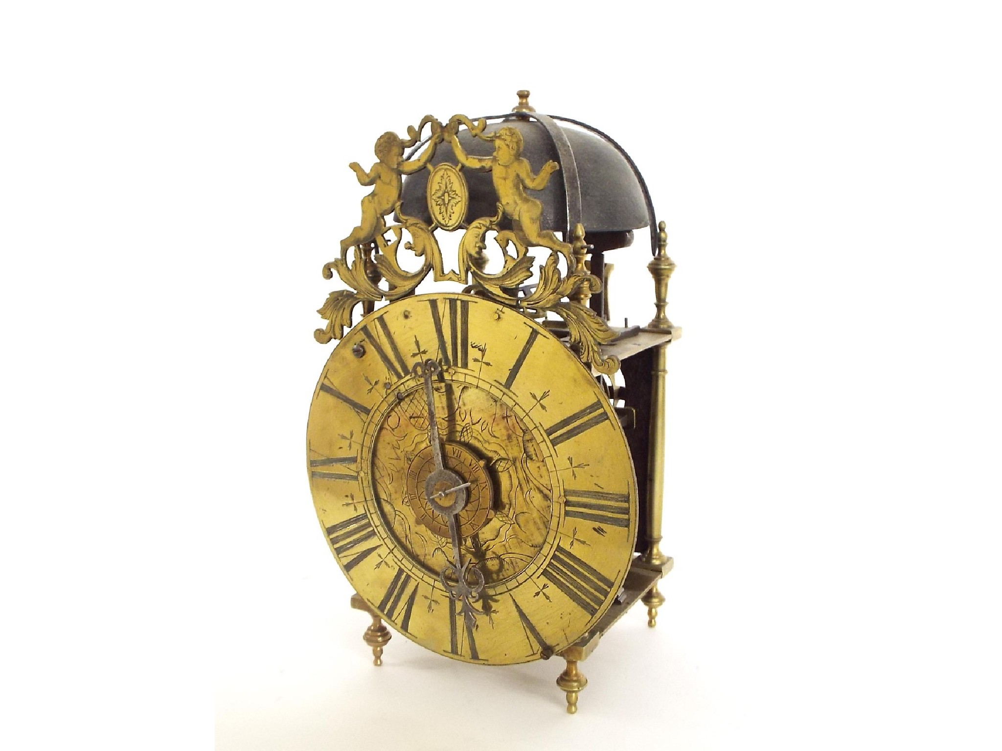 Appraisal: Interesting brass verge lantern clock the dial enclosing an engraved